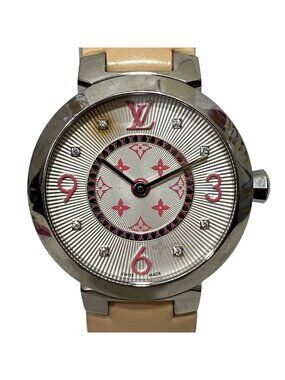 Louis Vuitton Tambour Monogram PM Vernis Watch SS Leather Quartz White Dial